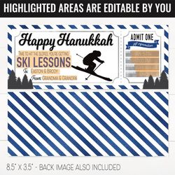 Hanukkah Ski Lessons Ticket Surprise Gift Voucher, Ski Lift Lesson Printable Template Gift Card, Editable Instant