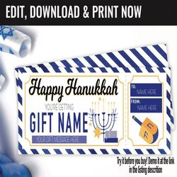 Hanukkah Surprise Printable Ticket Gift Voucher, Surprise Hanukkah Gift Printable Template Gift Card, Editable Instant