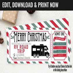 Christmas Surprise RV Road Trip Gift Voucher, Camping RV Road Trip Printable Template Gift Card, Editable Instant