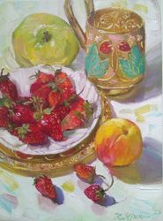 Strawberry Still Life, Fruits Original Oil Painting, Fine Art Tea Cup