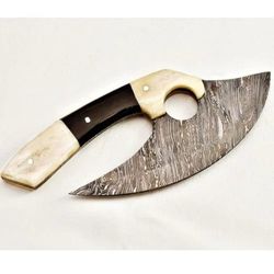 Handmade Damascus ulu knife bone handle meat cleaver Ulu pizza cutter w/ Sheath