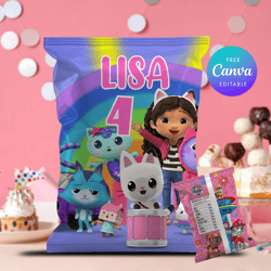 Gabby's Dollhouse Birthday Chip Bag Template, Gabby's Dollhouse Party Editable and Printable Digital Download