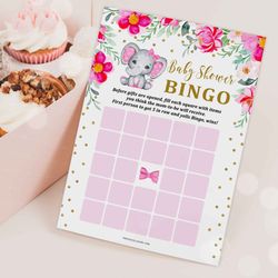 baby bingo game hot pink elephant baby shower, girl elephant baby shower game bingo, floral elephant baby shower bingo
