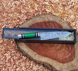 handcrafted wooden box 12"damascus chef knife custom home cooking kitchen, chef gift knive engraved unique pattern,