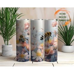 Floral Bee 20 oz Skinny Tumbler Sublimation Design Digital Download PNG Instant DIGITAL ONLY, Spring Flowers