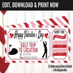 Valentine's Day Golf Trip Surprise Gift Voucher, Golfing Trip Surprise Printable Template Gift Card, Editable Instant