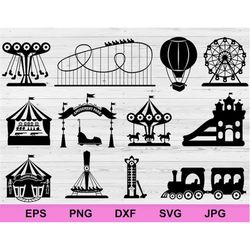 Amusement park silhouette, carnival parks carousel attraction, fun rollercoaster icons set, digital download circuit cli