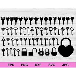 Keys and padlock set of collection silhouette design element svg, silhouette key and lock svg, digital download circuit