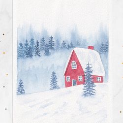 Red house painting Winter painting Original watercolor painting 5x7