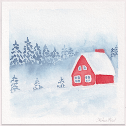 Mini painting 3x3 Red house painting Winter painting postcard Original watercolor painting Tiny painting