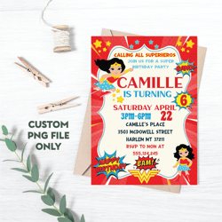 Personalized File Wonder Woman Birthday Invitation | Printable Birthday Wonder Woman Party Invitations | PNG File