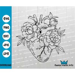 flower anatomy heart svg, cardiology svg, love tattoo sticker t-shirt design, cricut silhouette clipart vector digital d