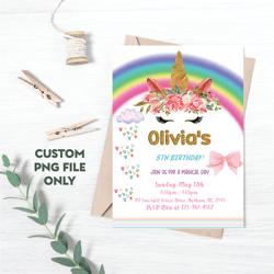 Personalized File Unicorn Rainbow Birthday Party Invitation Instant Download Digital File PNG File Only| PNG File