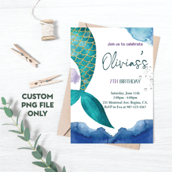 Personalized File Mermaid Birthday Invitation Under the Sea Little Teal Mermaid Birthday Invitation Download | PNG File
