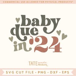baby due in '24 svg cut file, retro baby announcement svg, 2024 boho pregnancy announcement png - commercial use, digita