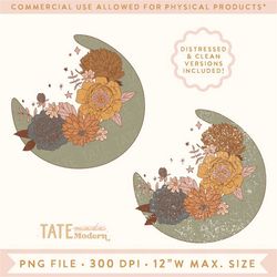 Retro Fall floral moon PNG for sublimation - earth tone Retro florals, floral celestial png, hippie mama - Commercial Us