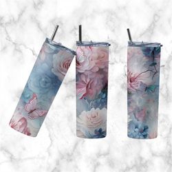 Butterfly Flowers 20oz Skinny Tumbler Sublimation Design, Straight Tumbler Wrap, Instant Digital Download PNG