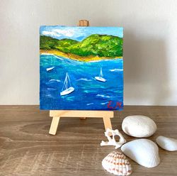 Seascape painting Original oil painting Miniature painting Boats painting Small art Wall decor Art gift ideas Easel art