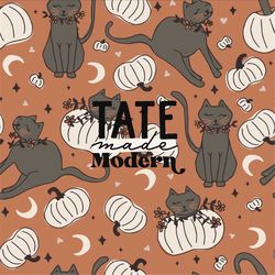 Halloween Cat Seamless Pattern File - Spooky cute kitties - boho halloween seamless pattern, rust orange fabric pattern