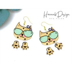 Cute Cat with Glasses and Pendent Paws Earring Svg Laser Cut and Engraving File for Glowforge, Kawaii Wood Earring Templ