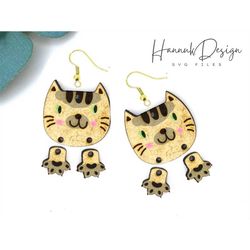 Cut Cat with Pendant Paws Earring Svg Laser Cut and Engraving File for Glowforge, Kawaii Kitty Wood Earring Template, In
