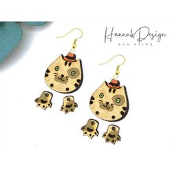 Cute Cat with Hat and Pendent Paws Earring Svg Laser Cut and Engraving File for Glowforge, Kawaii Wood Earring Template,