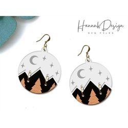 Two Parted Circle Mountain Moon and Stars Engraving Earring Svg Laser Cut File for Glowforge, Camping, Travel, Tree, Adv