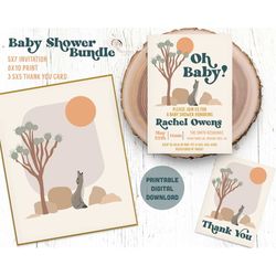 printable boho desert baby shower invitation bundle, personalized drop-in shower invite, joshua tree coyote baby shower
