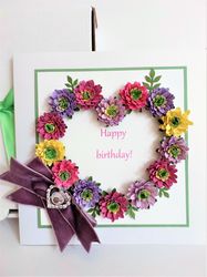 Boxed Handmade greeting card, Birthday Card, Flowers card, Card with 3D flowers, Heart of flowers card, Luxury card