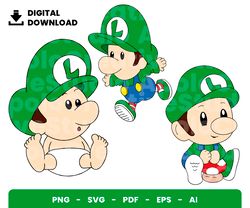 Bundle Layered Svg, Baby Luigi Svg, Mario Bros, Baby, Baby Shower, Digital Download, Clipart, PNG, SVG, Cricut, Cut File