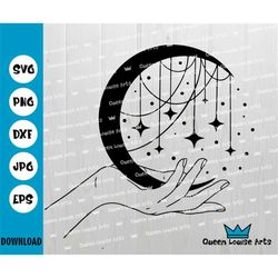 Mystical svg boho magic png heavenly moon witch magic sorcery moon stars phase hands boho dxf eps Instant download Cricu