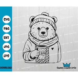cute bear drinking coffee svg,coffee break svg, animal svg, bear in hat png t-shirt graphics,cut file clipart vector dig