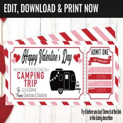 Valentine's Surprise Camping RV Trip Gift Voucher, Camping RV Trip Printable Template Gift Card, Editable Instant