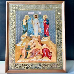 The Transfiguration of Jesus | Orthodox Icon in wooden frame. Gold and silver foiled, 15.7 x 13 inch (40cm x 33 x 2 cm)