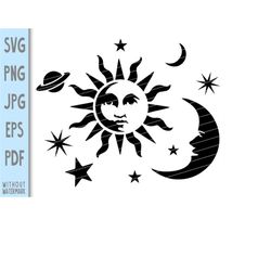 Celestial sun and moon svg cut file png. Includes sun and moon svg cut files for Cricut png, pdf, eps, jpg also included