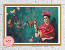 Frida Kahlo Cross Stitch Pattern,Portrait ,X Stitch Chart,Instant Download,Pdf,Frida Kahlo And Butterflies