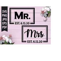 Mr Mrs svg cut file wedding bride groom png. Includes png, pdf, eps, jpg and svg cut files for Cricut.  Engagement wife