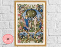 Cross Stitch Pattern,The Tree Of Life And Death,Eve and Mary,Religious,Full Coverage,Medieval Illuminated Manuscript