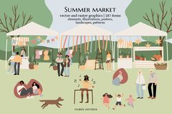 summer market clipart, people walking at fair vector illustration, party in park clip art, festival poster print images