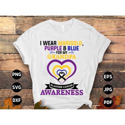 bladder cancer awareness svg png, i wear marigold, purple & blue for my grandpa svg, bladder cancer ribbon support cricu
