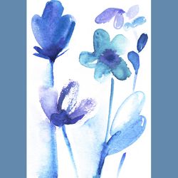 Watercolor blue flowers painting sketch art print. Watercolor blue wild flowers drawing