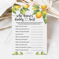 Who Knows Daddy Best Lemon Baby Shower Game, Who Knows Daddy Best Game Citrus Baby Shower Daddy Quiz Game Card