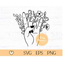 Rock on hand svg, Heavy metal hand with flowers svg, Sign of the horns svg, png files