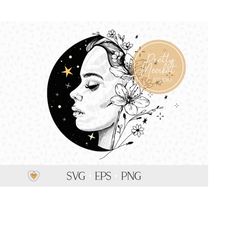Celestial woman with flowers svg, Mystical girl svg, Witchy png