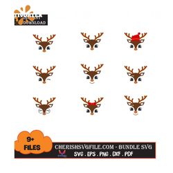 9 Files Cute Deer Face Bundle Svg, Christmas Svg, Cute Deer Bundle Svg