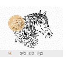 Horse with flowers svg, Floral horse svg, Horse head png, Horse lover, svg files for cricut