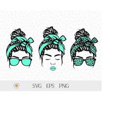 Messy bun svg, Girl with messy bun and glasses png, Leopard bandana svg, Svg files for cricut, Girl face