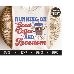 Running on Iced Coffee and Freedom svg,  America svg, 4th of july svg, Retro Character svg, Coffee svg, dxf, png, eps, s
