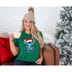Stitch Christmas Shirt, Stitch Xmas Tree Santa Hat Present Christmas Xmas Shirt, Stitch Holiday Shirt, Stitch Disney Xma