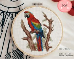 Parrot Cross Stitch Pattern , Pdf , Instant Download , Animal X Stitch Chart ,Watercolor,Scarlet Macaw,Tropical Bird